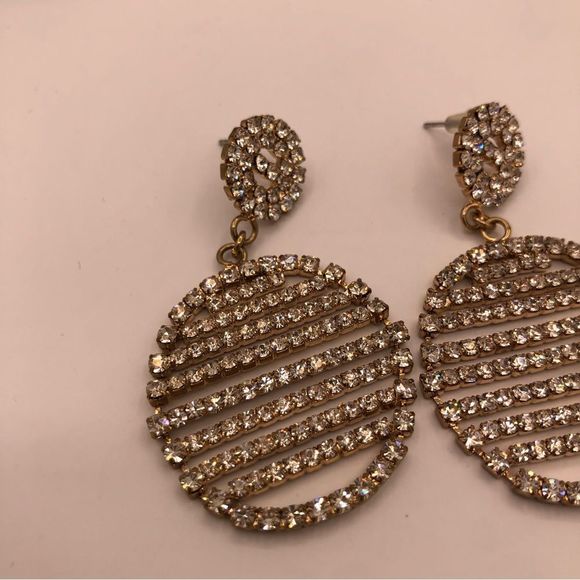 Vintage Statement Rhinestone Clear Crystal Circles Pierced Earrings Gold Tone - Picture 4 of 6